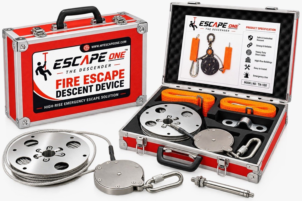 The ESCAPE ONE kit: the red aluminium carry case, an open case showing the packed contents, the descender unit with its locking carabiner, a reel of aviation-grade steel wire rope and the anchor bolt.